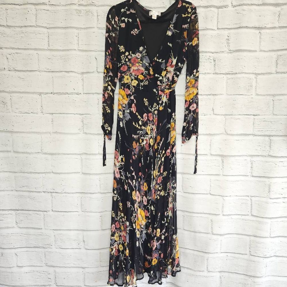 BAND OF GYPSIES Lined Abstract Floral Bouquet Wrap Dress Black Mustard Size XS
